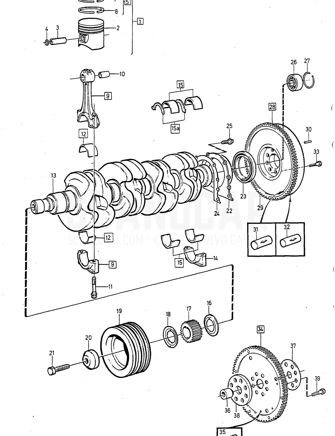 Motor, sida 110 - sprängskiss, Volvo 240-serien från 1988