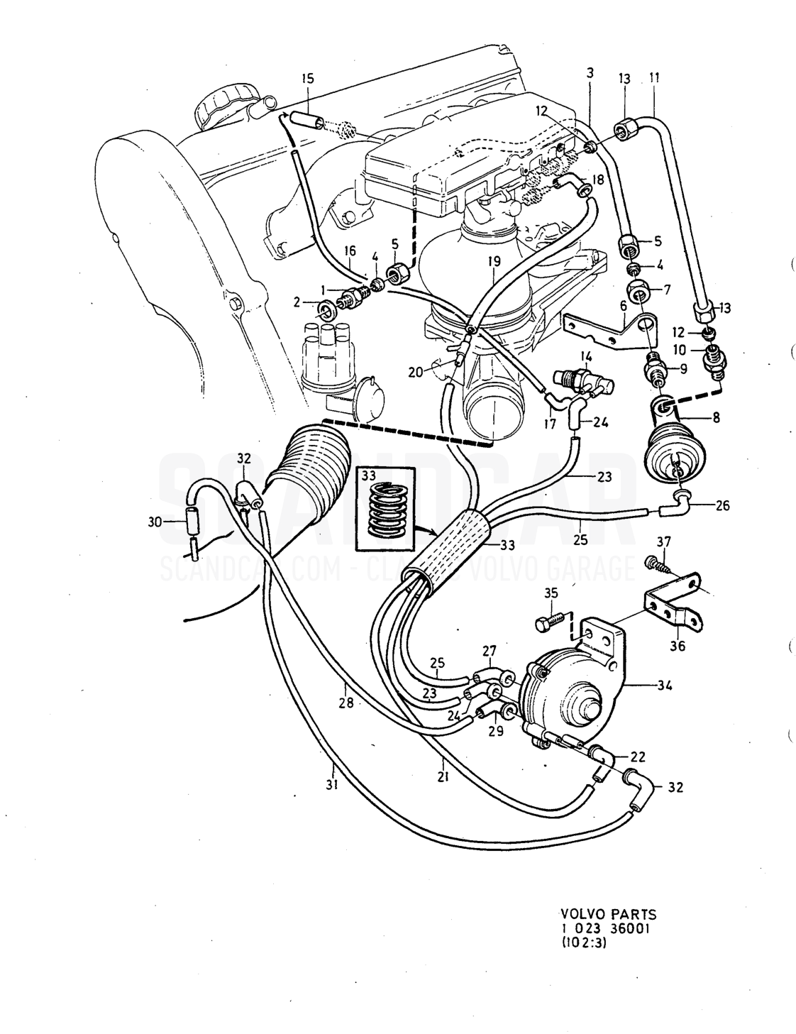 Motor, sida 228 - sprängskiss, Volvo 240-serien från 1988