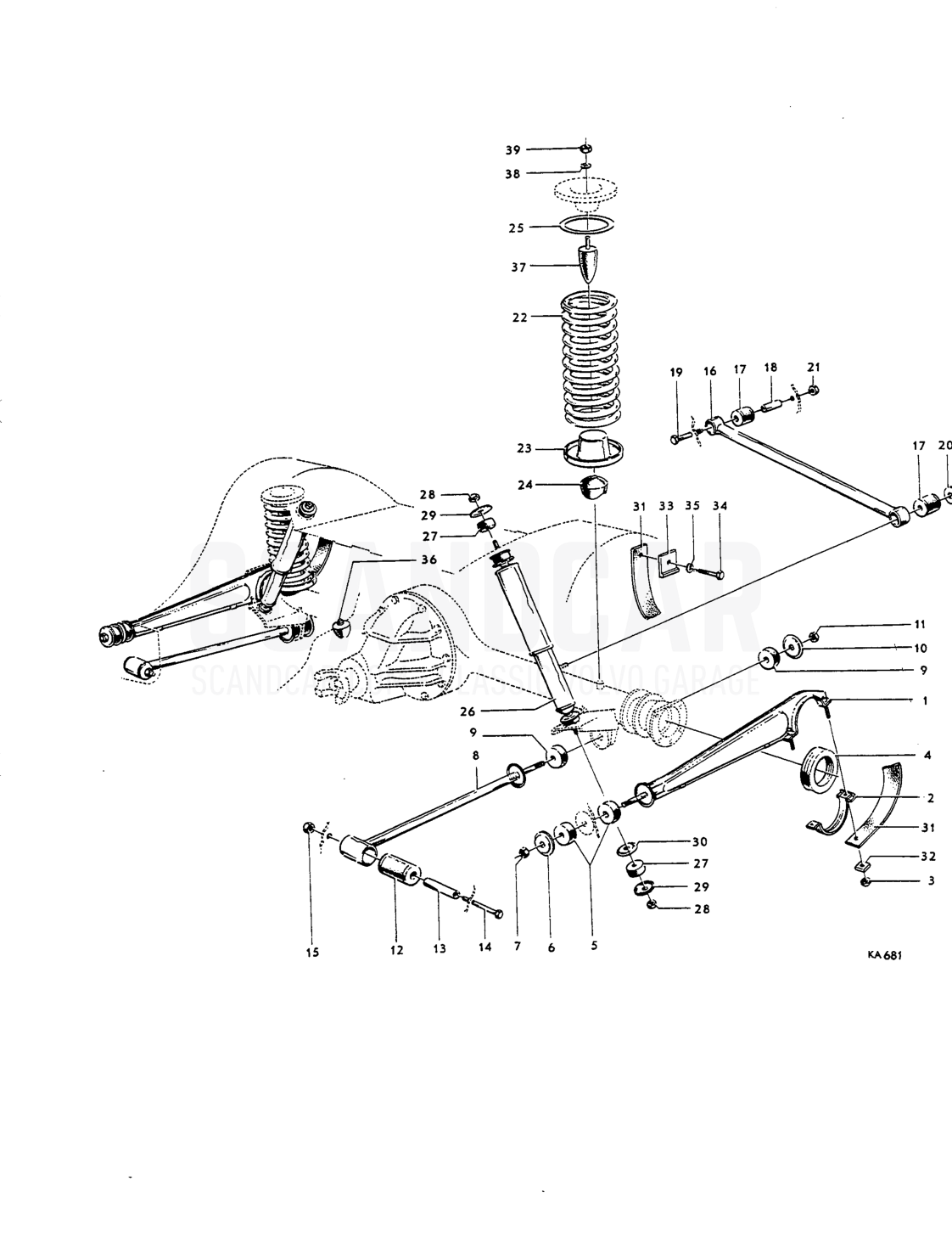 Rear axle mountings - sprängskiss, Kraftöverföring - Bakaxel, Volvo Amazon B16