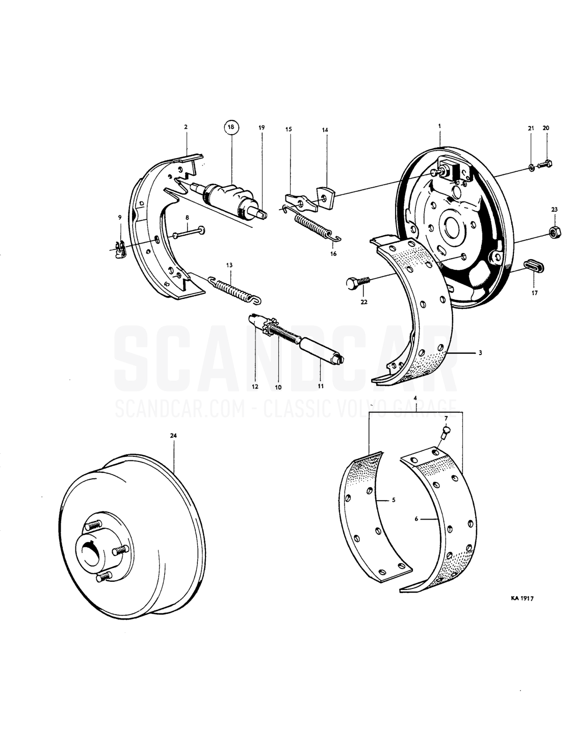 Front wheel brakes - sprängskiss, Bromsar, Volvo Amazon B16