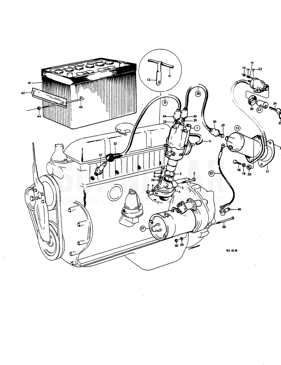 ignition coil plug, ignition ccbles, motor, battery - sprängskiss, Elutrustning, Volvo Amazon B18