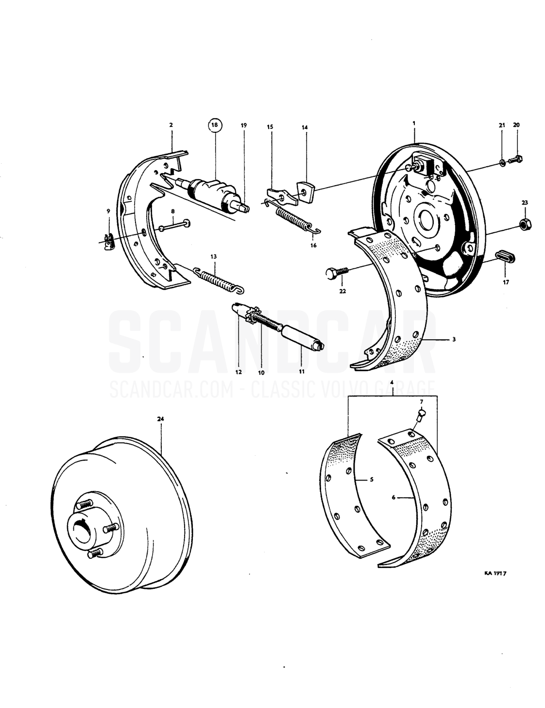 Front wheel brakes Drum brakes Single circuit - sprängskiss, Bromsar, Volvo Amazon B18