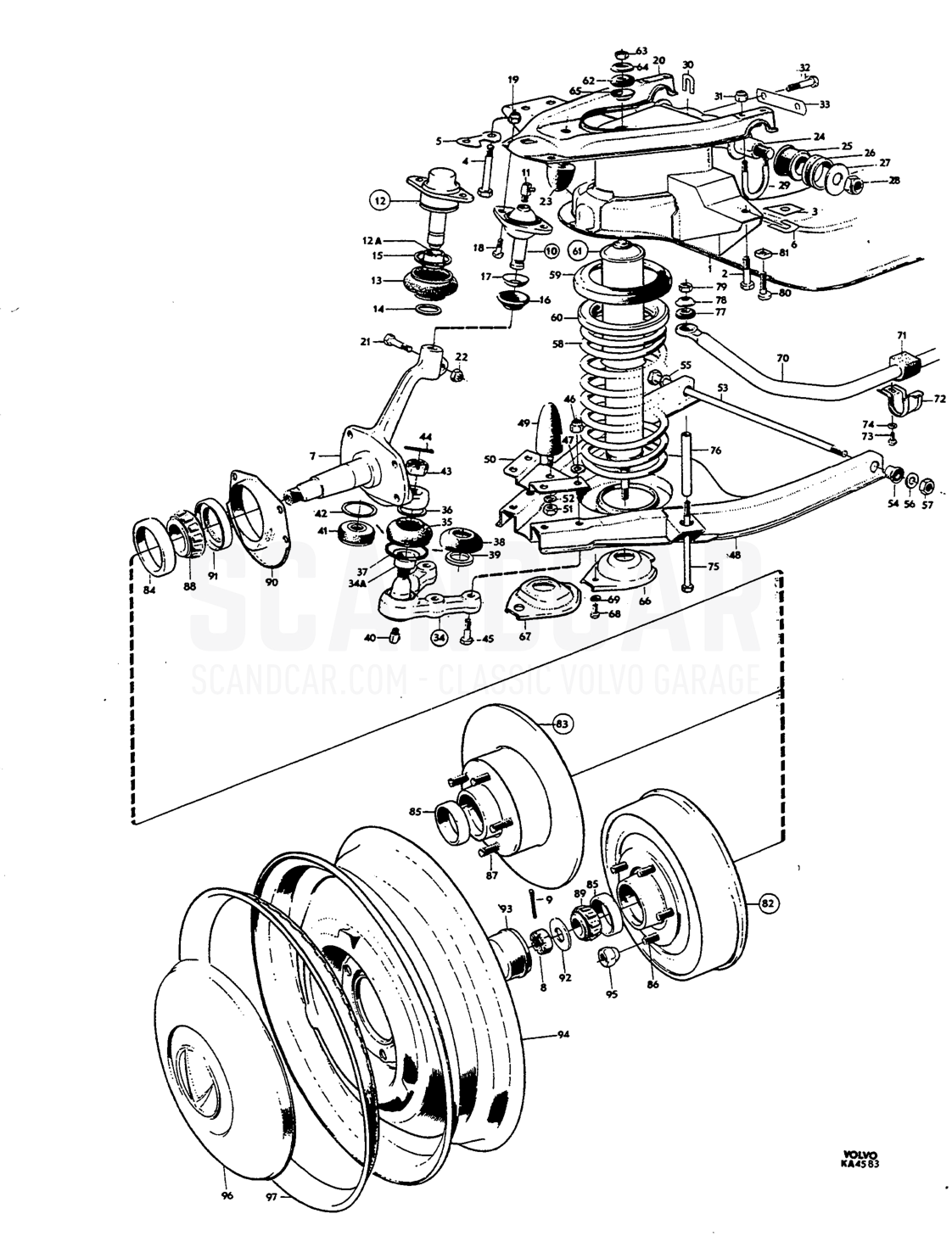 Front axle, wheels - sprängskiss, Framaxel - Hjul - Styrning, Volvo Amazon B18
