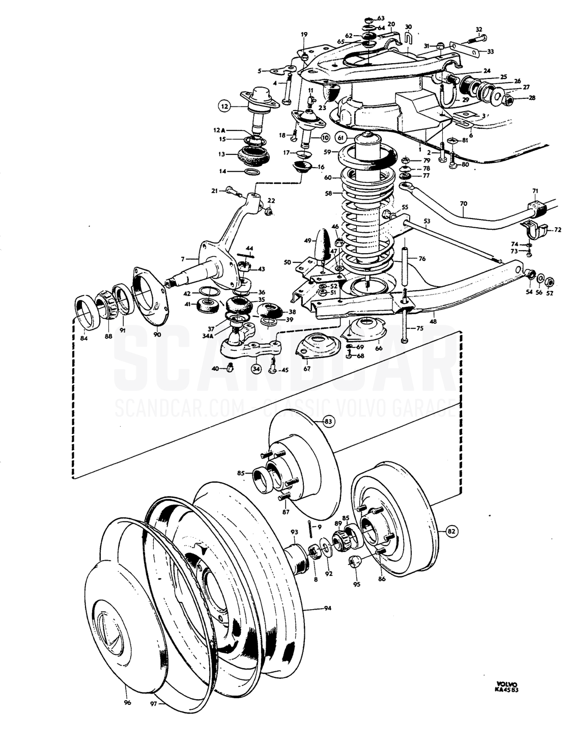Front axle, wheels - sprängskiss, Framaxel - Hjul - Styrning, Volvo Amazon B18