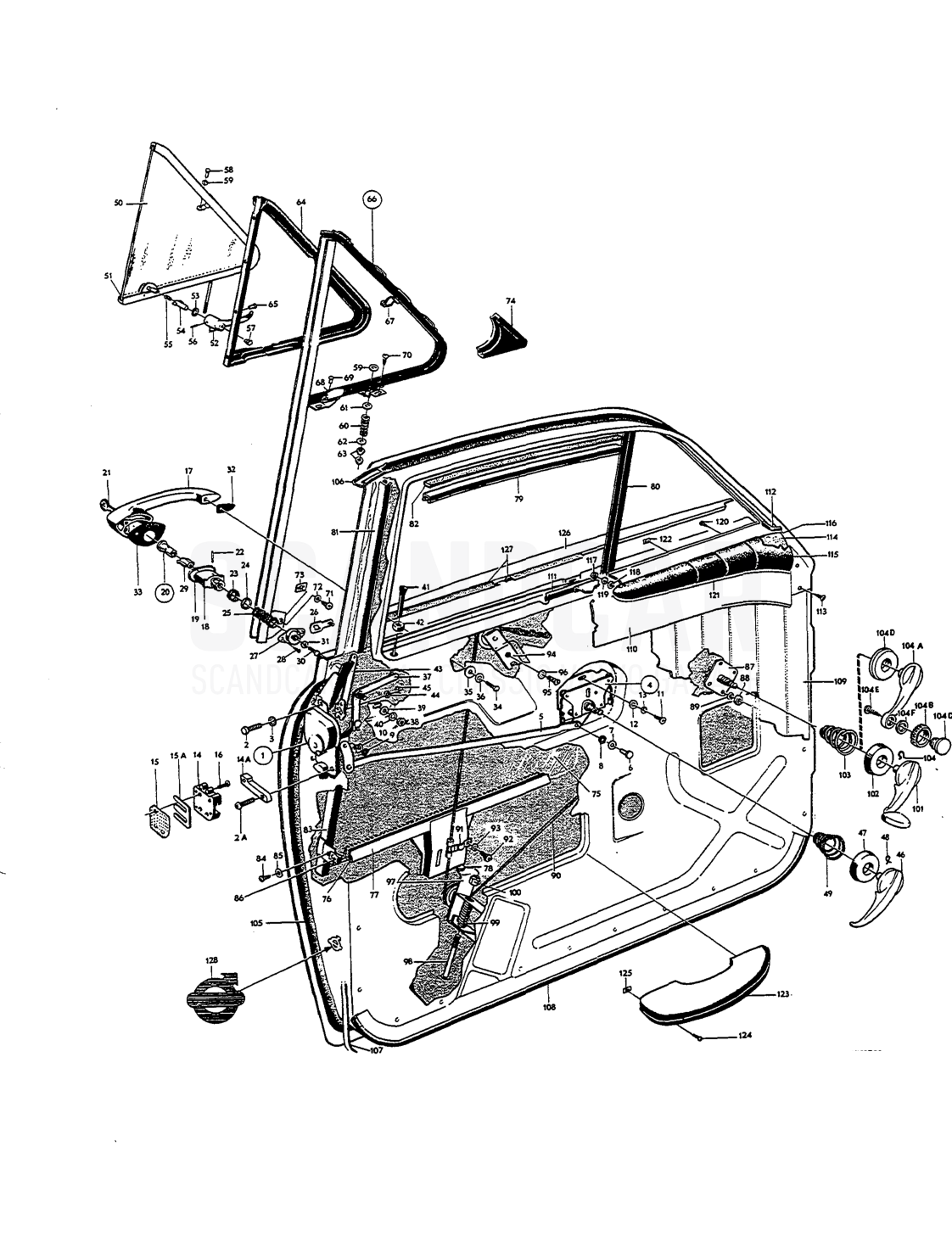 Door components, forward doors - sprängskiss, Kaross, Volvo Amazon B18