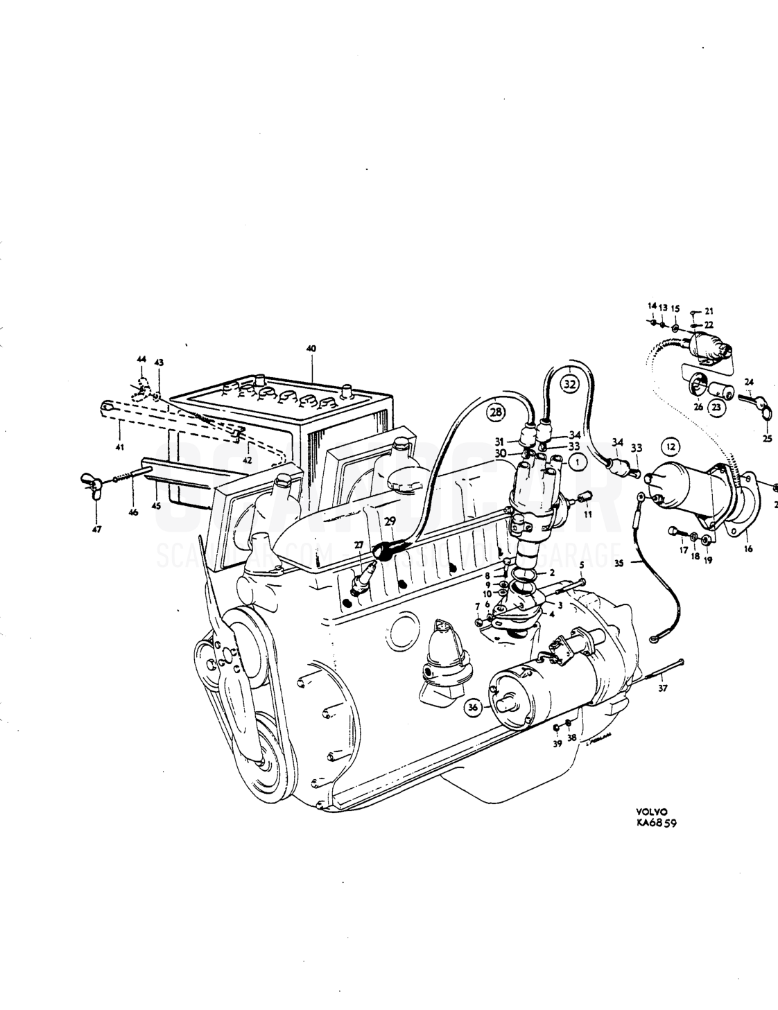 ignition coil, sparking plugs, cables, starter motor, battery - sprängskiss, Elutrustning, Volvo P1800 S