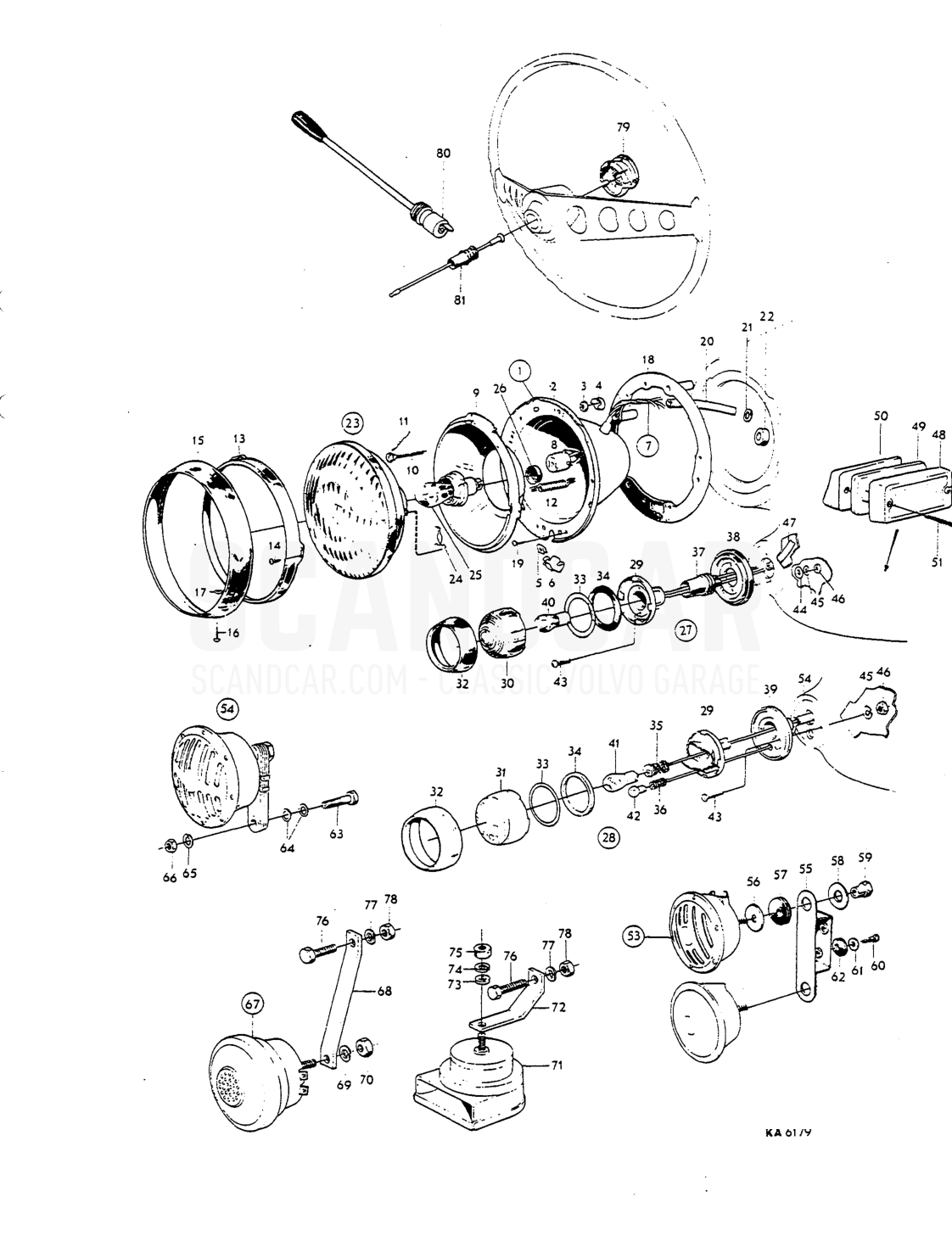 Reservdefkfålg Head lamps, flashers, horn, components - sprängskiss, Elutrustning, Volvo P1800 S