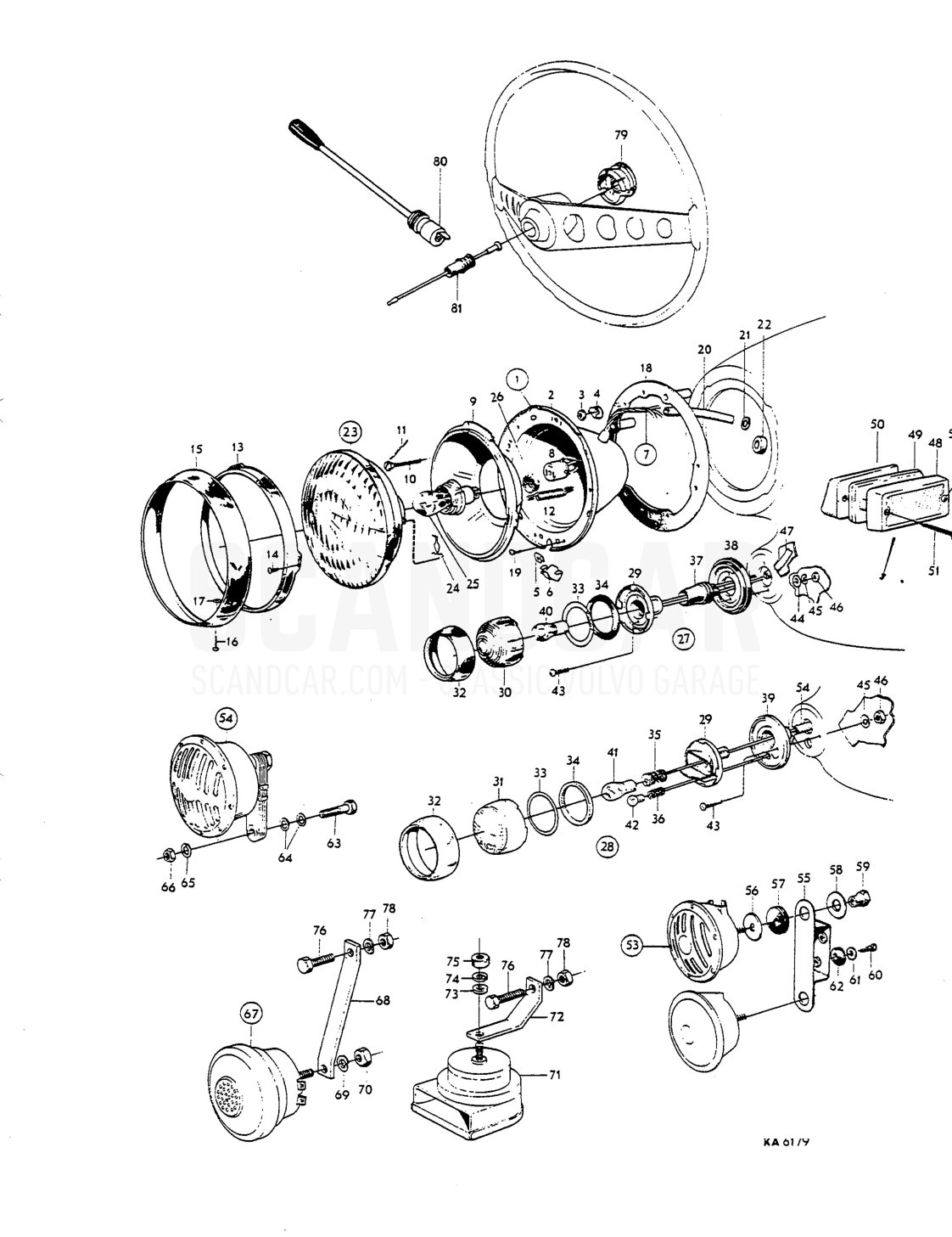 Head lamps, flashers, horn, cornponents Dt - sprängskiss, Elutrustning, Volvo P1800 S