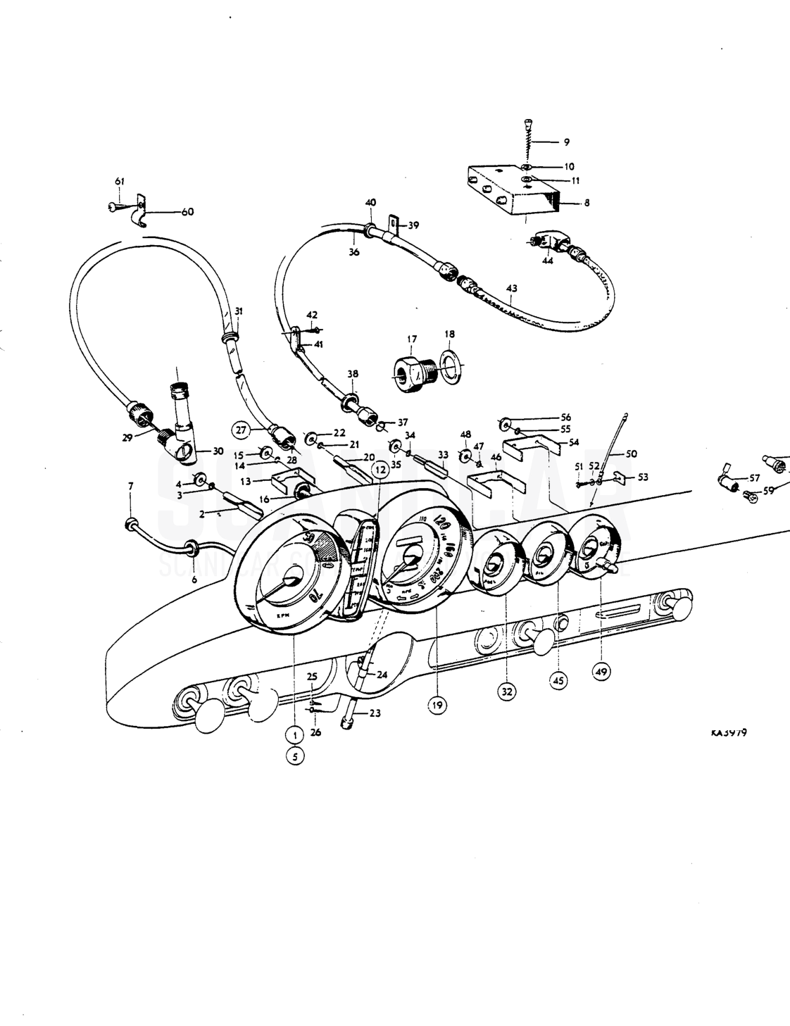Instruments - sprängskiss, Elutrustning, Volvo P1800 S