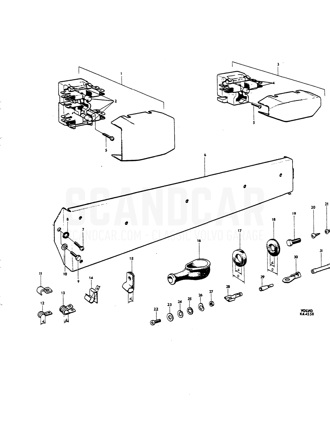 Fuseboxes, lamps, rubber bushings, connecting components - sprängskiss, Elutrustning, Volvo P1800 S