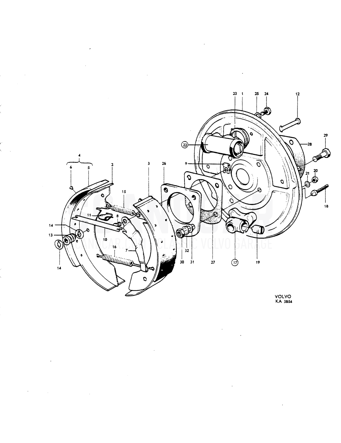 Rear wheel brakes single circuit Noies - sprängskiss, Bromsar, Volvo P1800 S