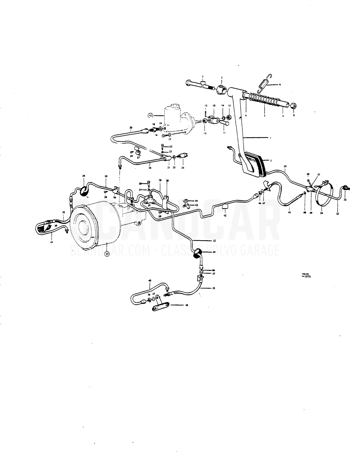 Foot brake r.ontrol linkage Hydrau lie lines single circut - sprängskiss, Bromsar, Volvo P1800 S