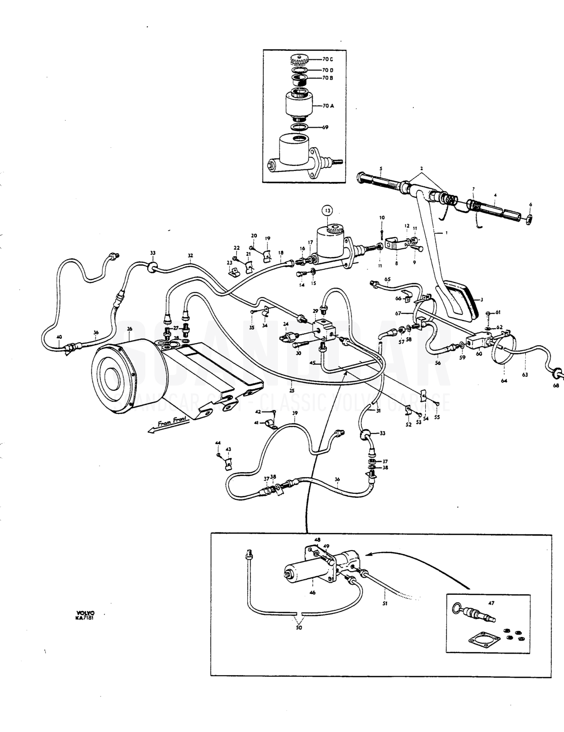 Foot brake control linkage Hydrcu lie lines single circuit - sprängskiss, Bromsar, Volvo P1800 S