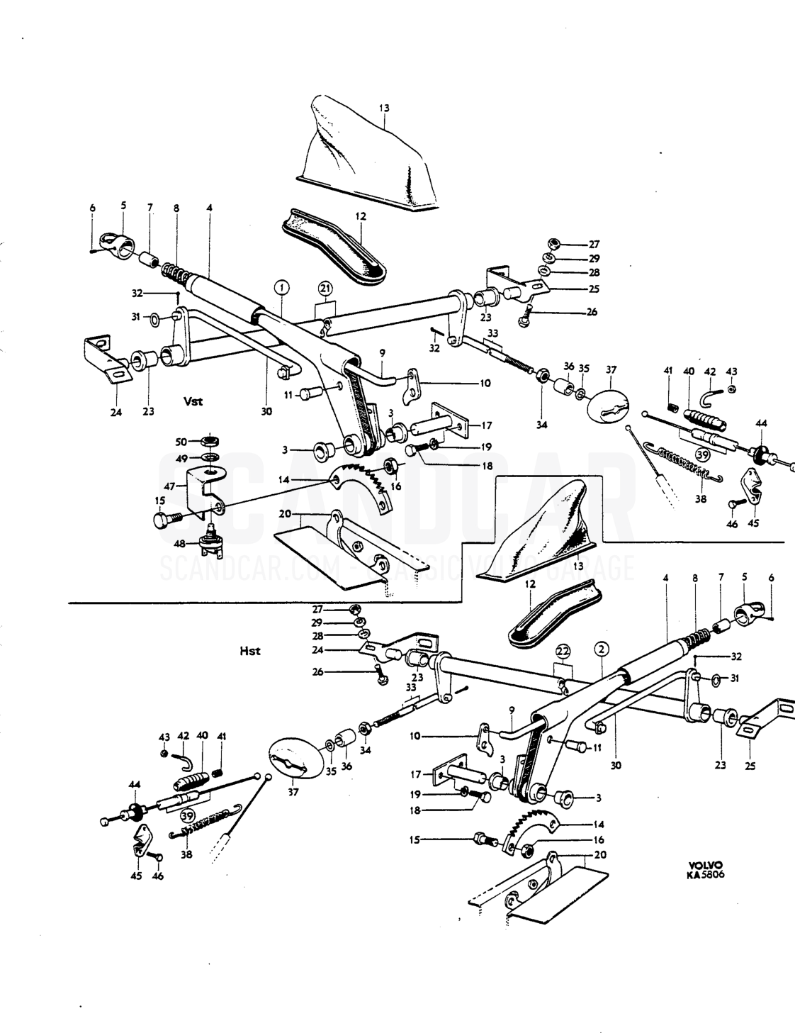 Handbrake control linkage - sprängskiss, Bromsar, Volvo P1800 S