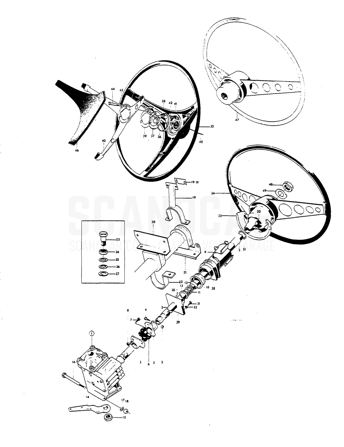 Steering gear ond installation components - sprängskiss, Framaxel - Hjul - Styrning, Volvo P1800 S