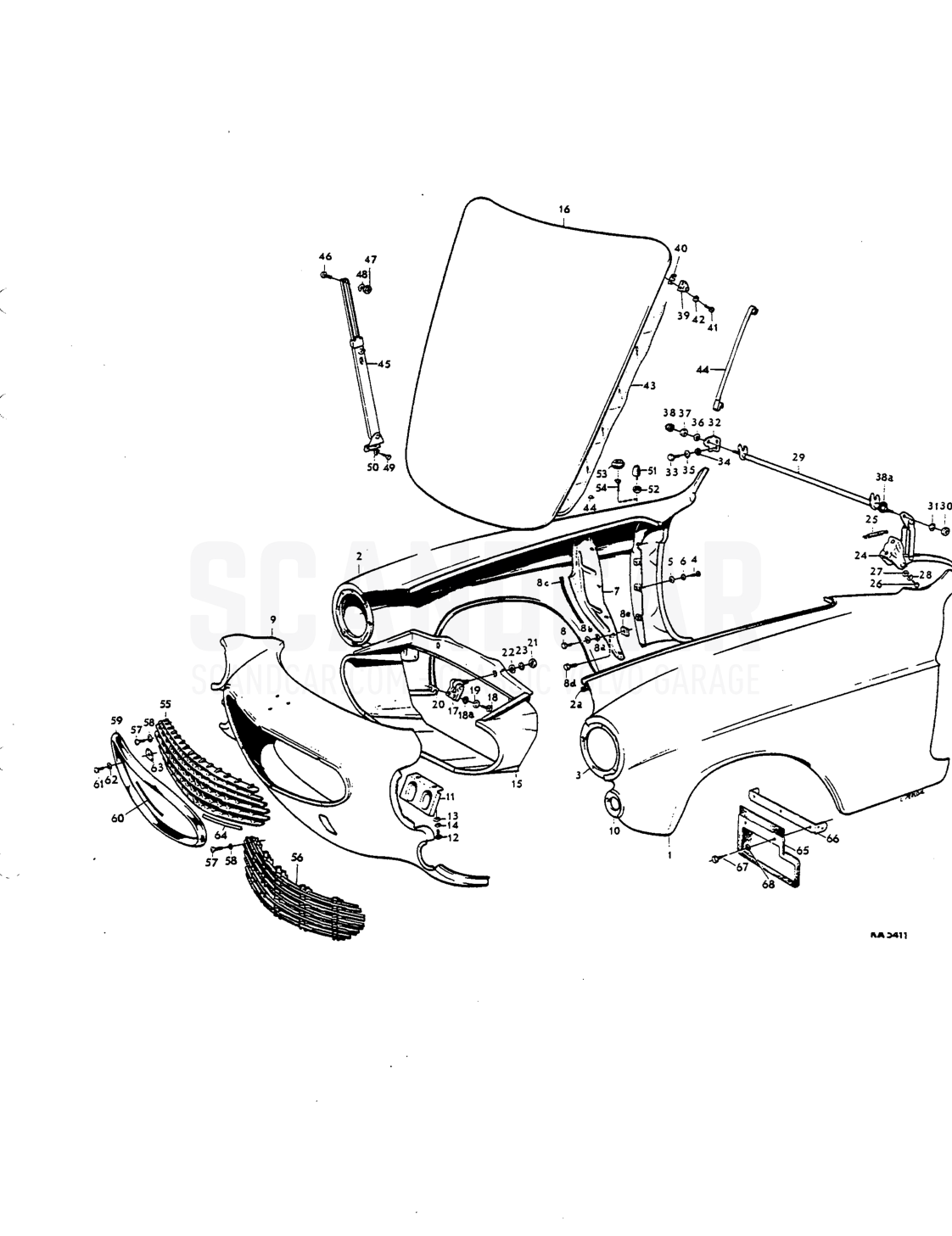 Frcnt mudguards, front end, bannet Noies - sprängskiss, Kaross, Volvo P1800 S