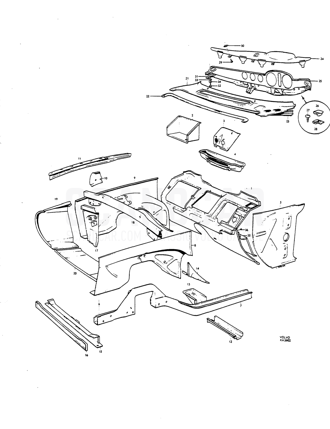 Cowl, instrument panel - sprängskiss, Kaross, Volvo P1800 S