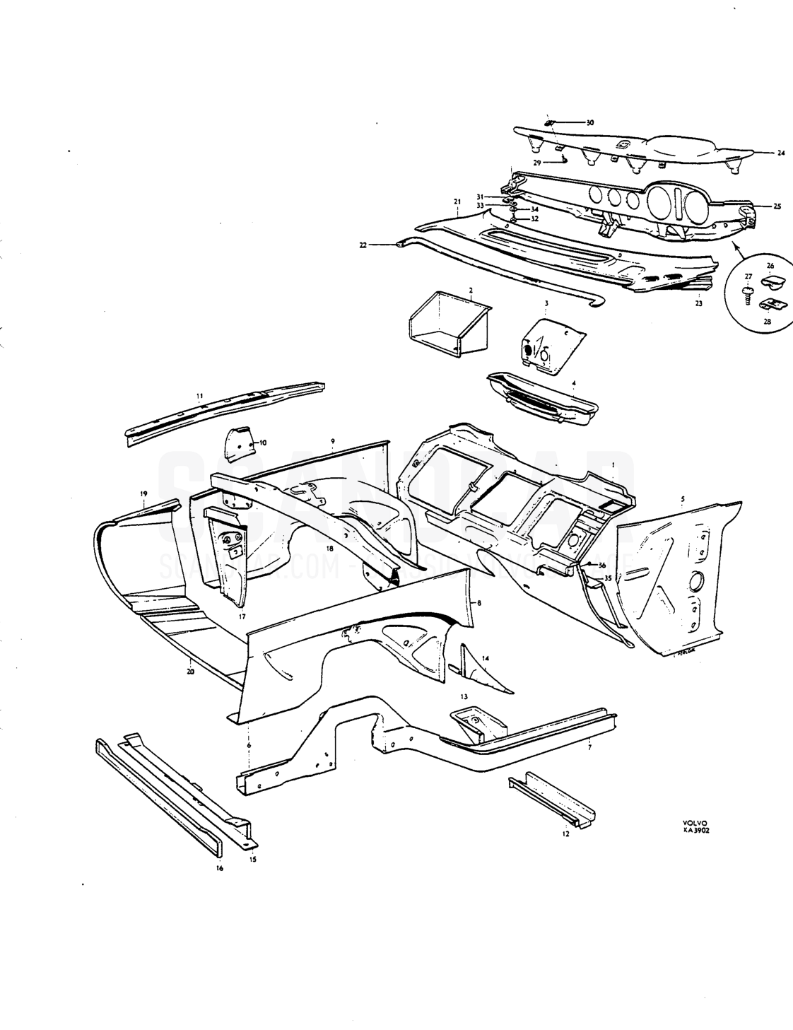 Cowl instrument panel - sprängskiss, Kaross, Volvo P1800 S
