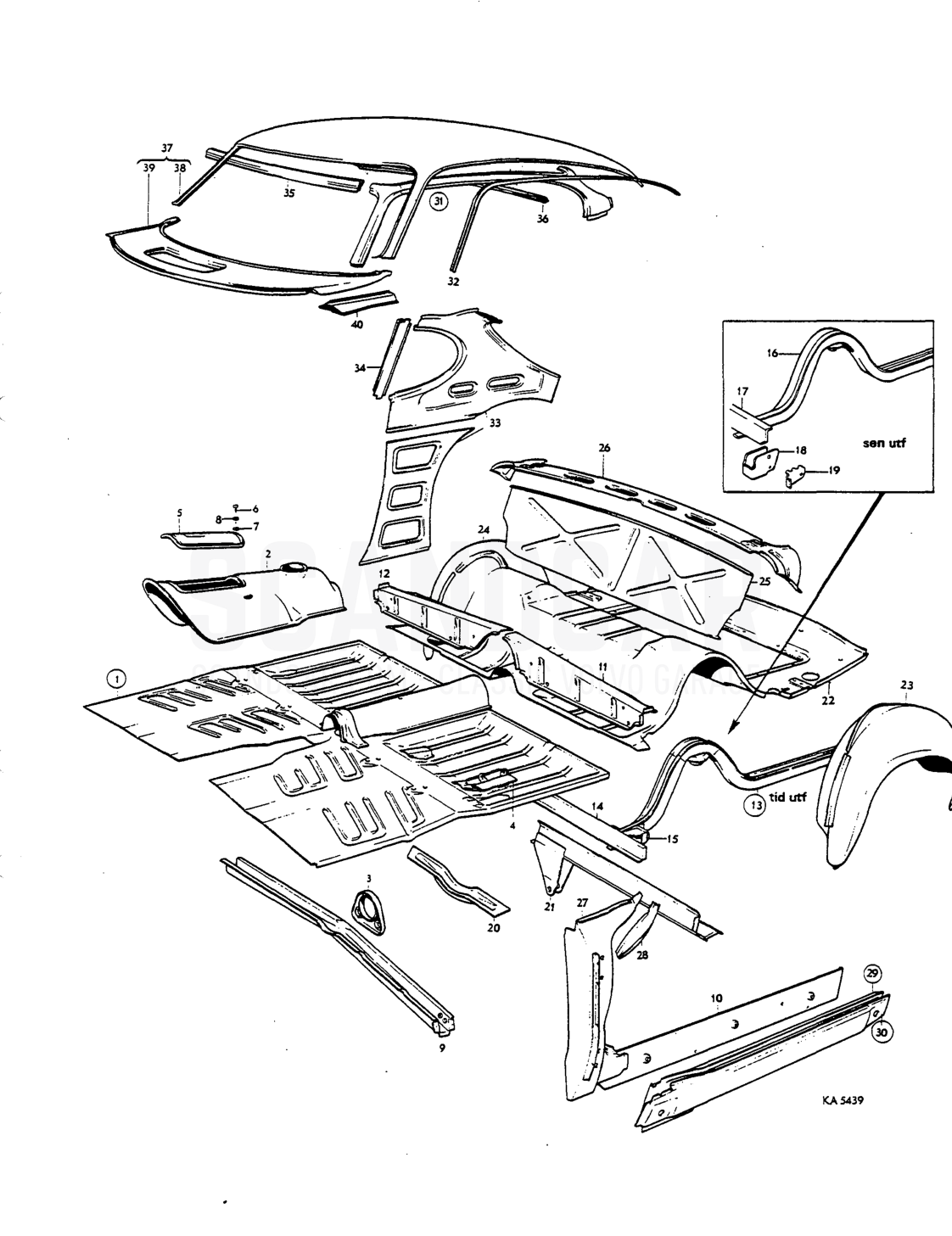 Floor section, body sides, roof - sprängskiss, Kaross, Volvo P1800 S