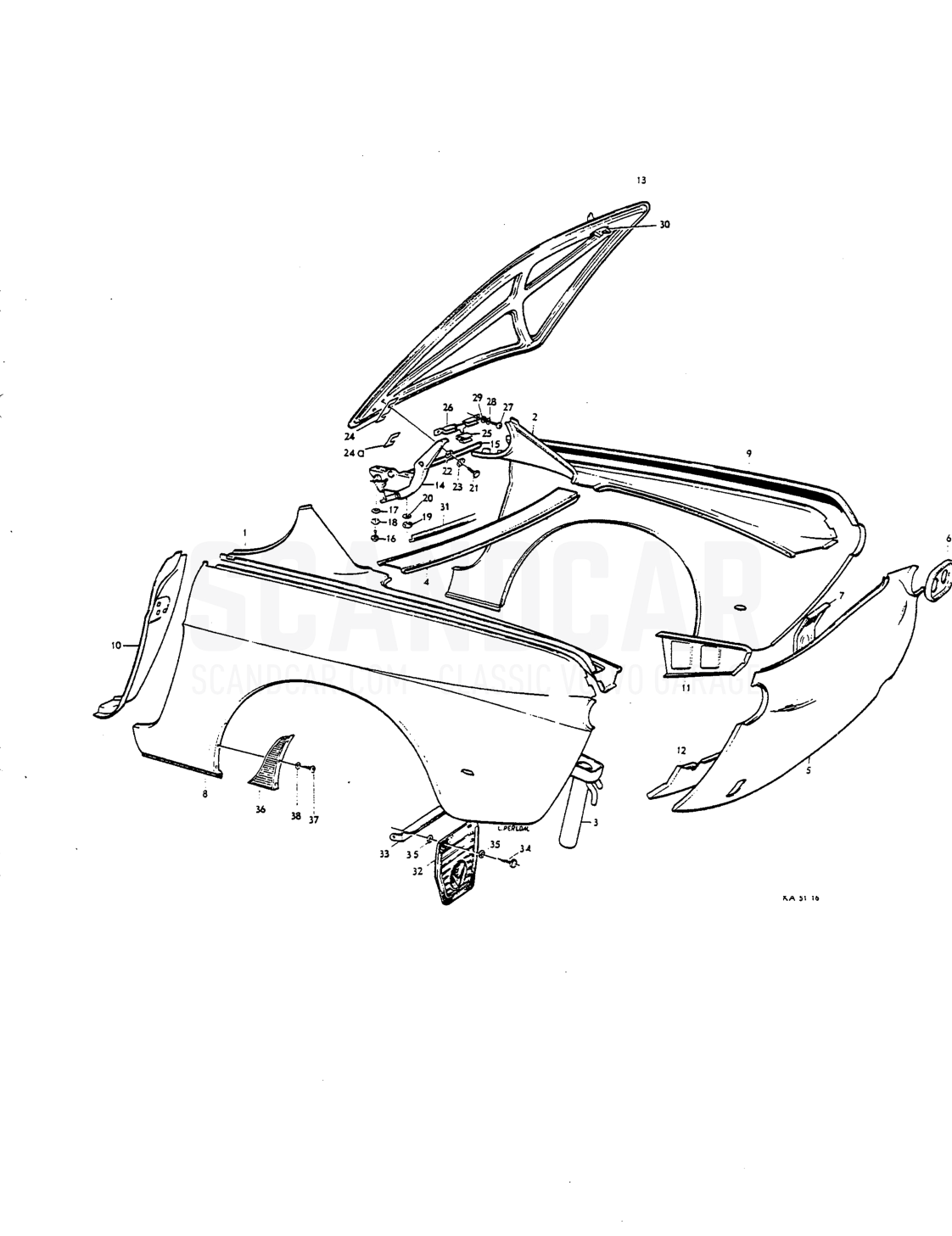 Reir end, rear mudguards luggage compartment lid - sprängskiss, Kaross, Volvo P1800 S
