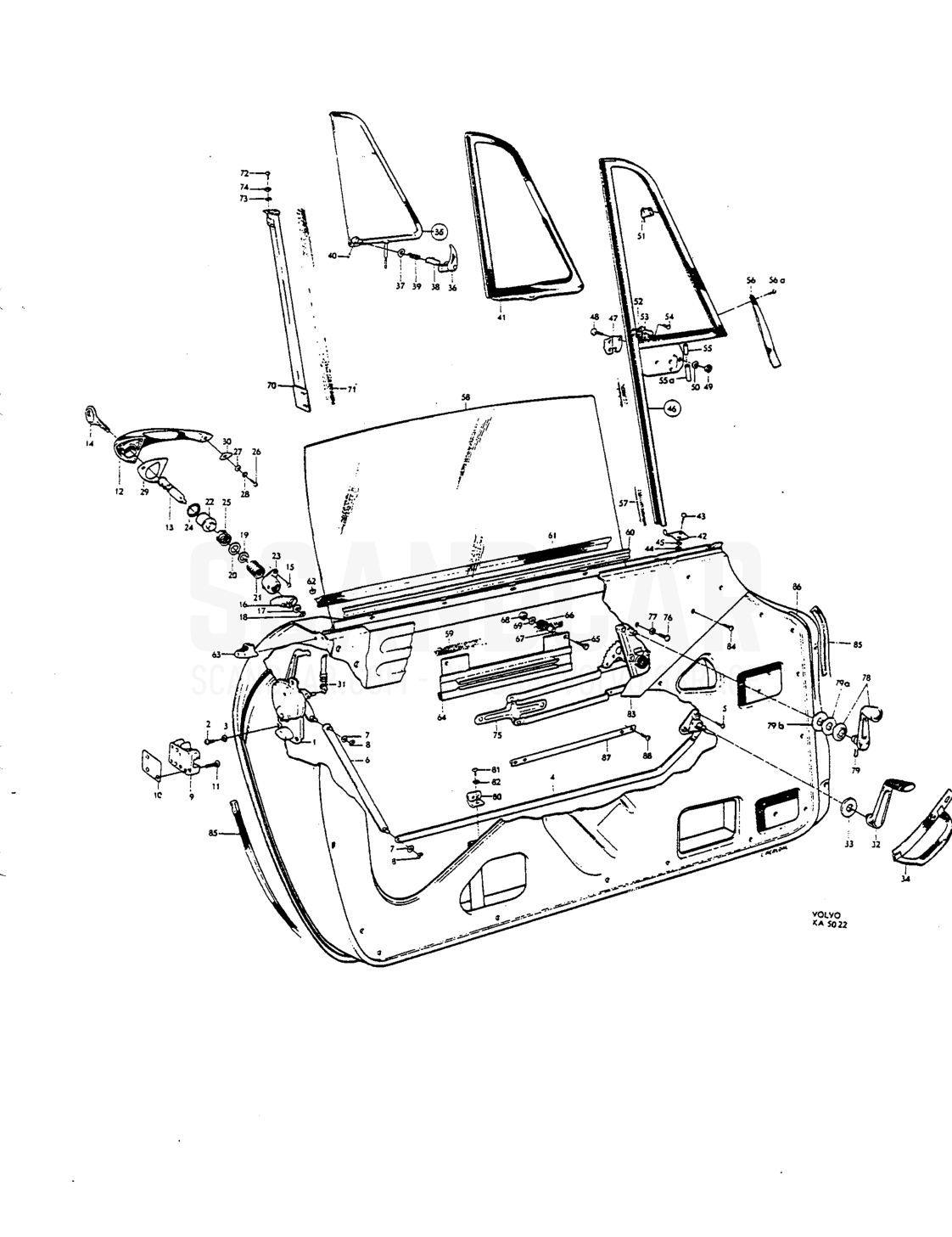 Door components - sprängskiss, Kaross, Volvo P1800 S