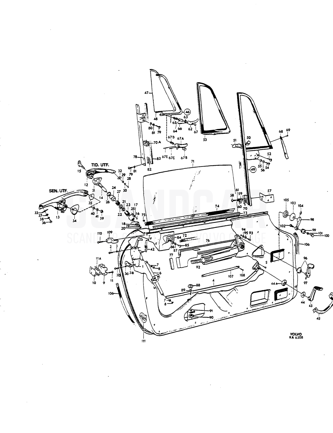 Door components - sprängskiss, Kaross, Volvo P1800 S