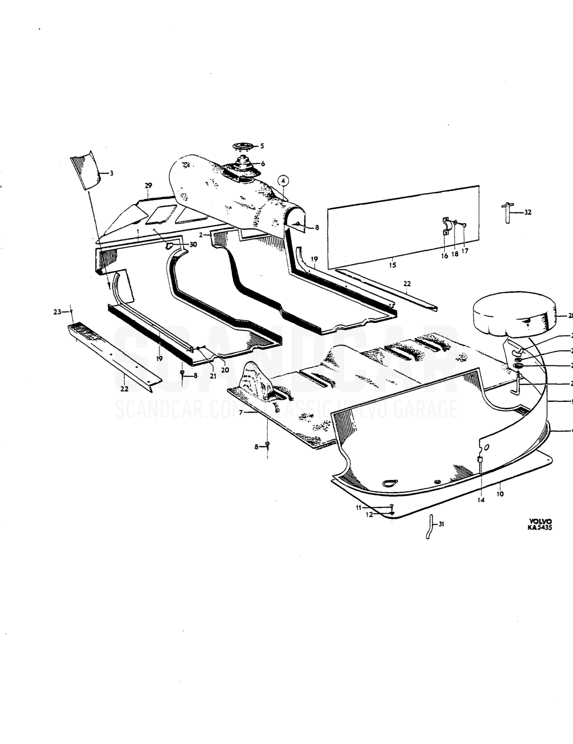 Mats, sill plotes spare wheel mountings - sprängskiss, Kaross, Volvo P1800 S
