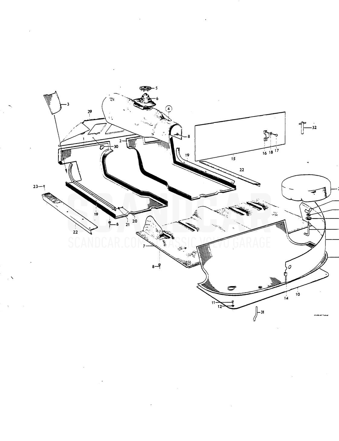 Mcts, sill plotes, spcre wheel mountings art - sprängskiss, Kaross, Volvo P1800 S