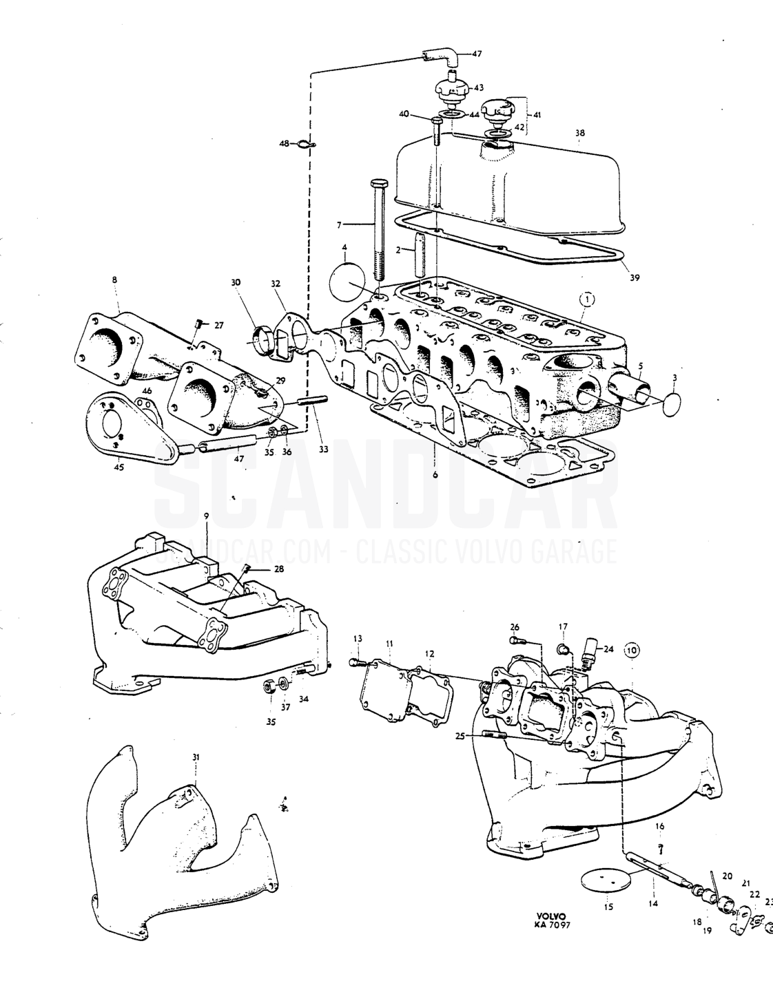 Cylinder head, manifolds, valve cover Anmärltning - sprängskiss, Motor, Volvo P1800 S