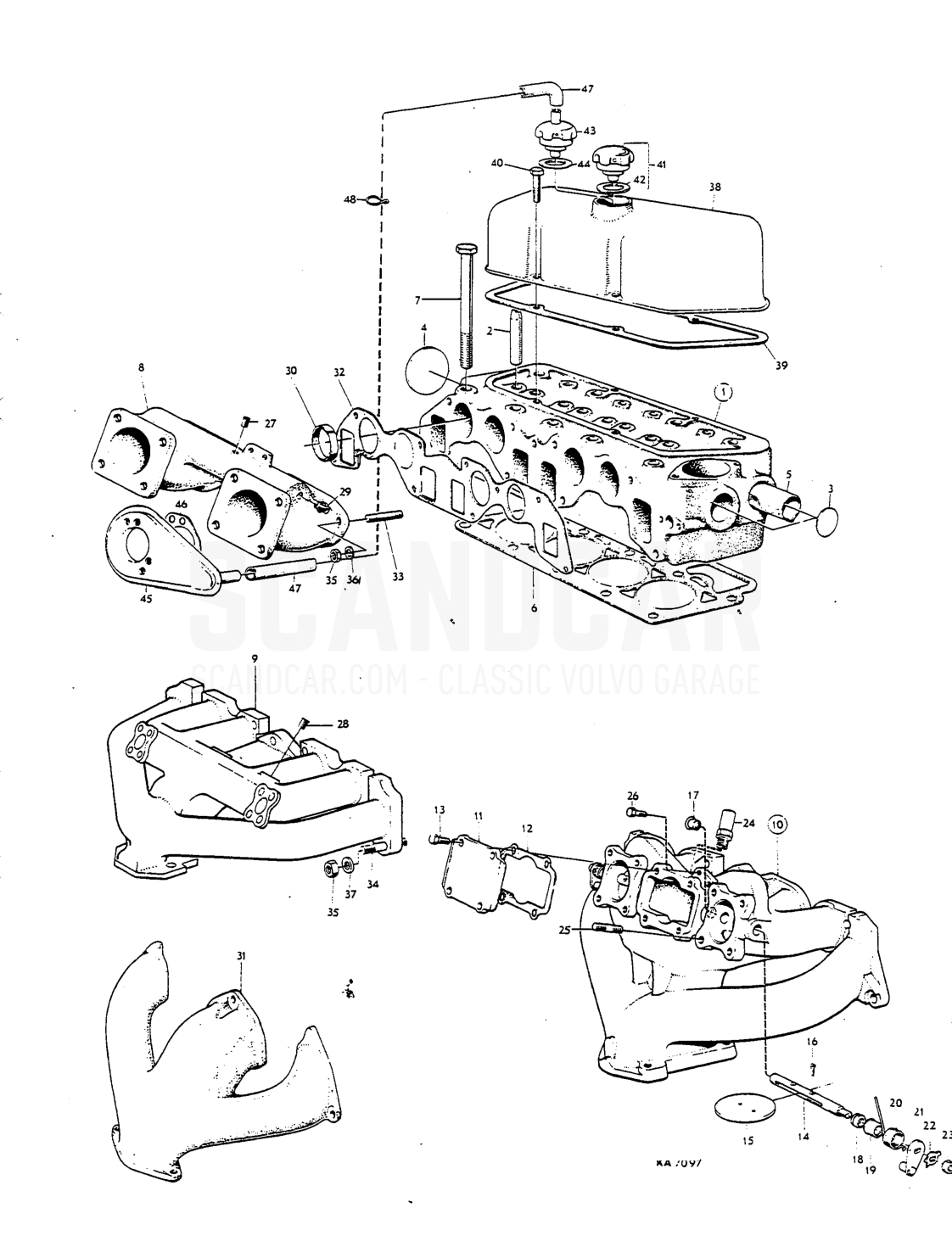 Cylinder head, manifolds valve cover Del - sprängskiss, Motor, Volvo P1800 S