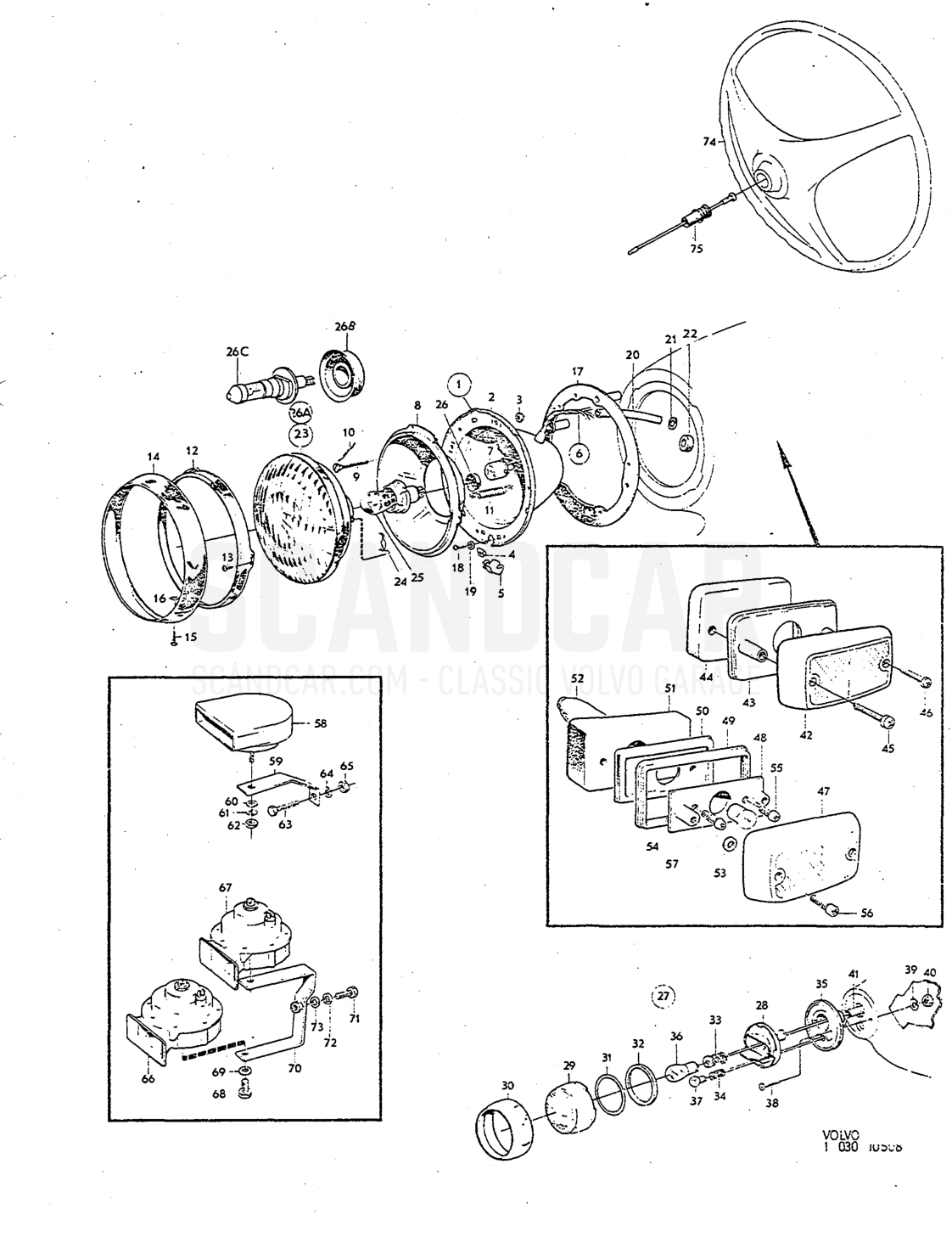 Headlamps, flashers, Illustration horn, horn components Sats lAnmärkning Kit INotes - sprängskiss, Elutrustning, Volvo P1800