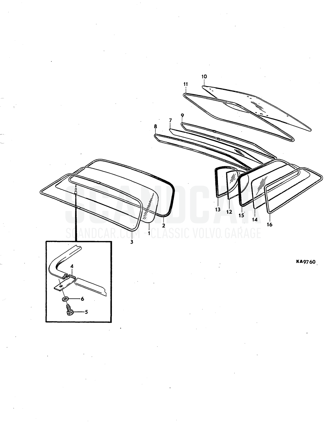 rear window, Illustration quarter windows rear Sats Kit - sprängskiss, Kaross, Volvo P1800