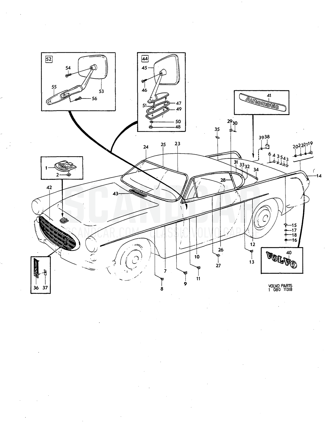 Externa embellishers Illustration rear view mirror, Sats Kit - sprängskiss, Kaross, Volvo P1800