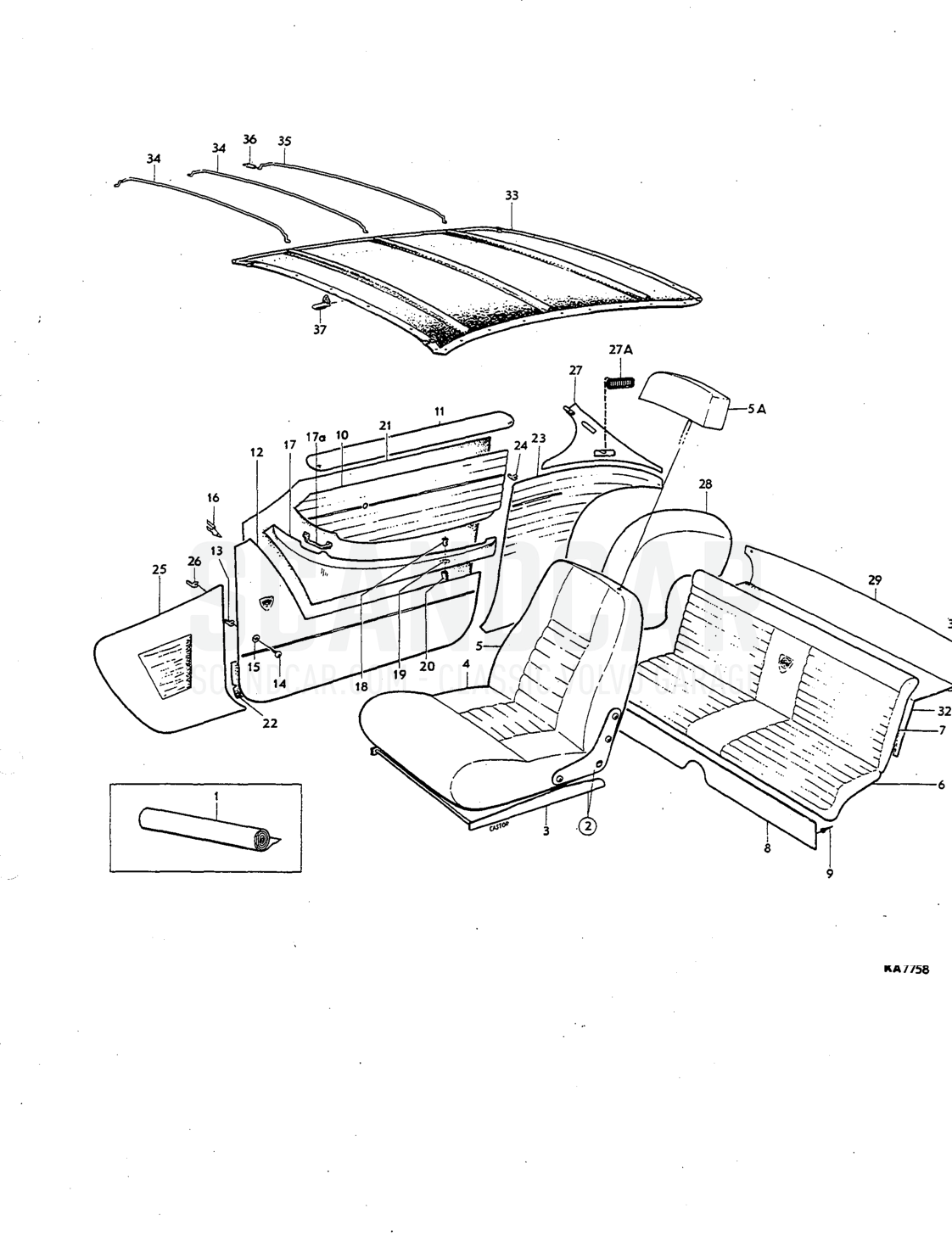 Upholstery Illustration komb Sats Kit - sprängskiss, Kaross, Volvo P1800