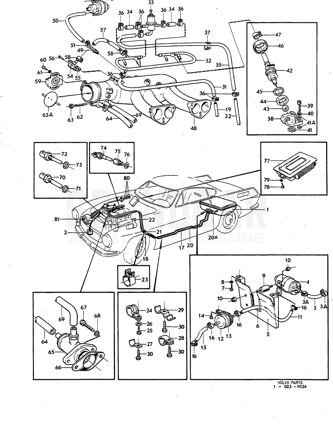 Fuel system Illustration injection engine Sats Kit - sprängskiss, Bränsle- och avgassystem, Volvo P1800