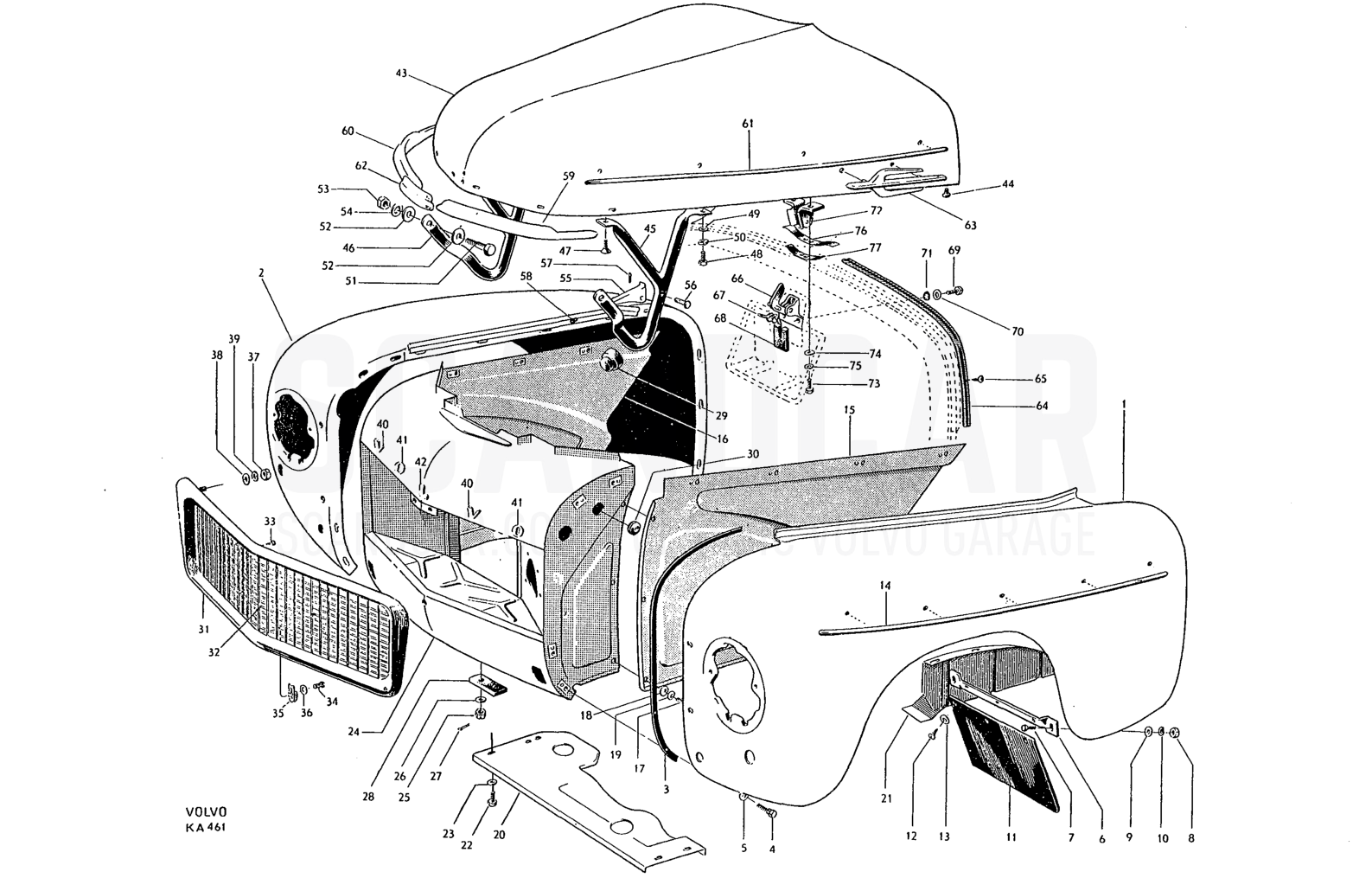 Motorhuv - sprängskiss, Kaross, Volvo PV544 / P210 B16