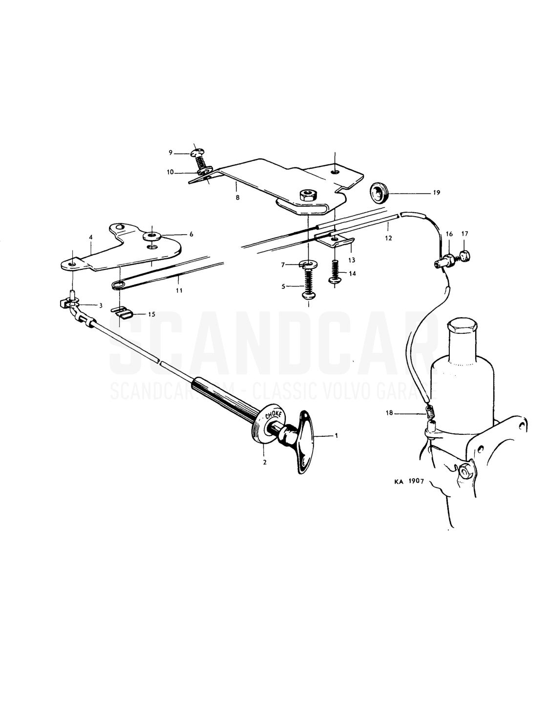 Choke control linkage - sprängskiss, Reglage och länkage, Volvo PV544 / P210 B18