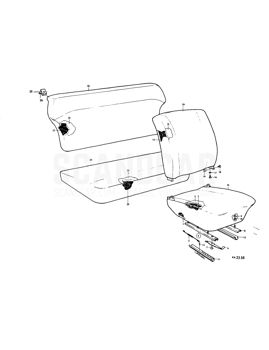 Front and rear seats - sprängskiss, Kaross, Volvo PV544 / P210 B18