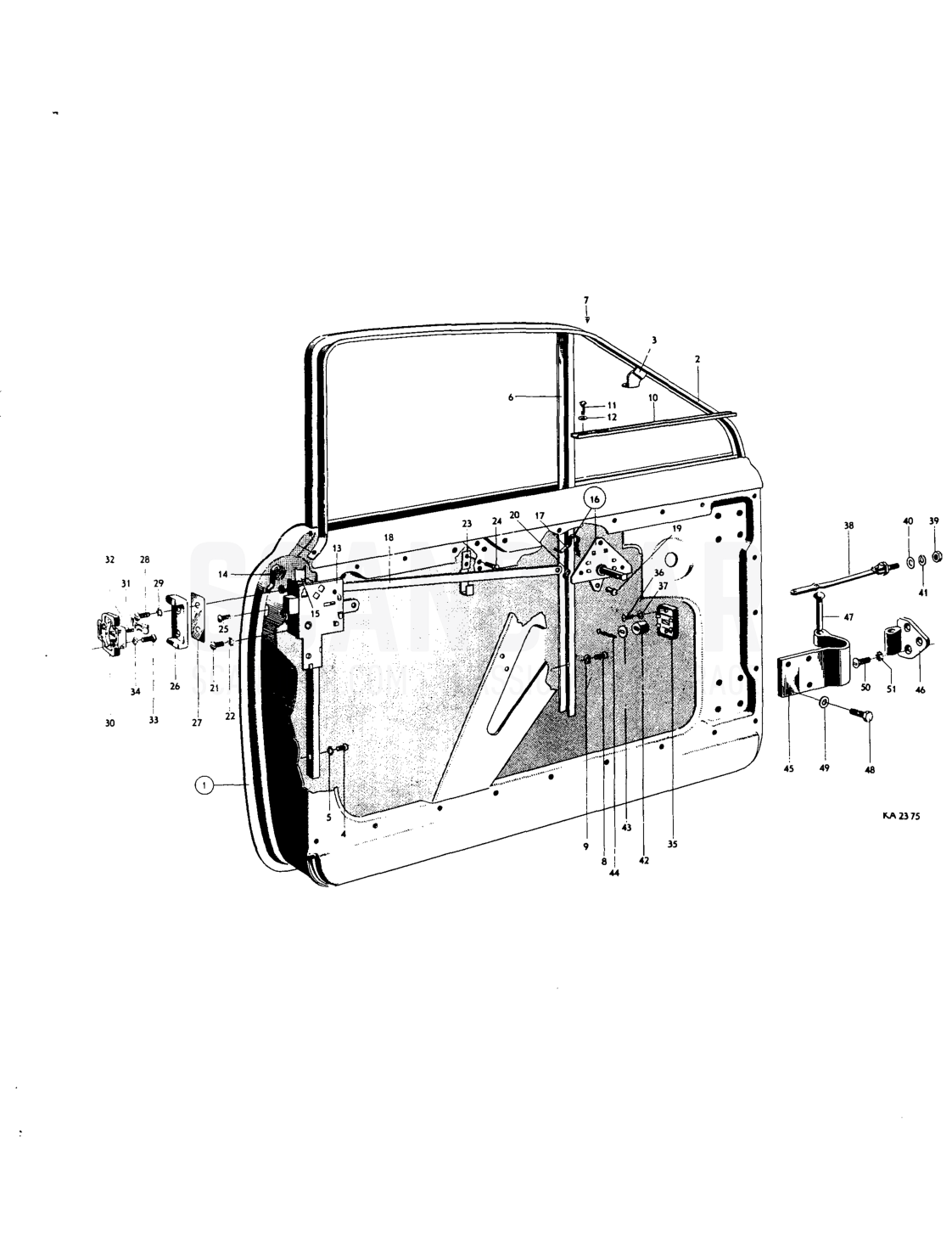 Forward doors, locks, hinges - sprängskiss, Kaross, Volvo PV544 / P210 B18