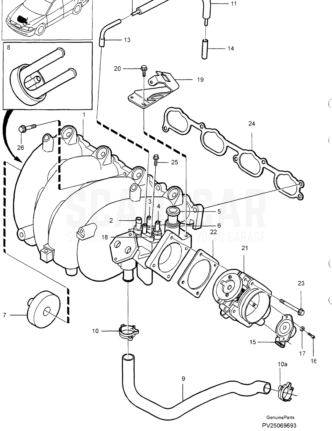 CRANKCASE VENTILATION - sprängskiss, Övriga delar, Volvo S40/V40-serien från 1996