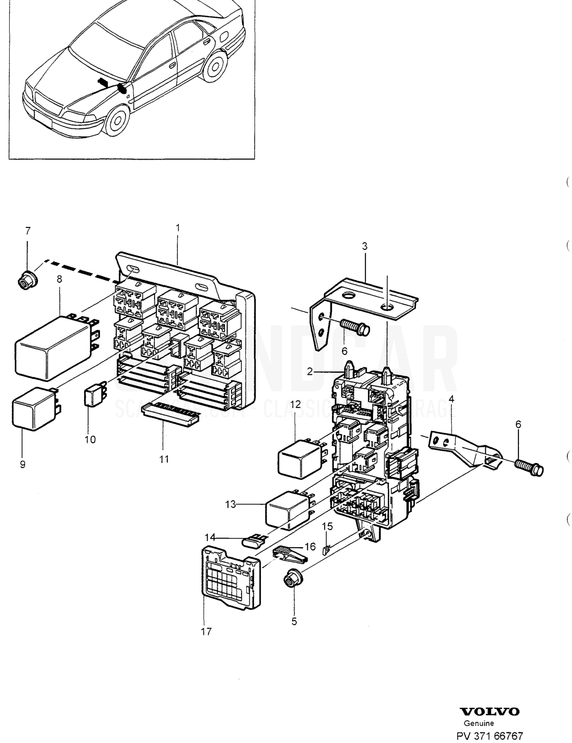 CENTRAL ELECTR. UNIT, FUSEBOX. ENGINE COMPARTMENT - sprängskiss, Elutrustning, Volvo S40/V40-serien från 1996