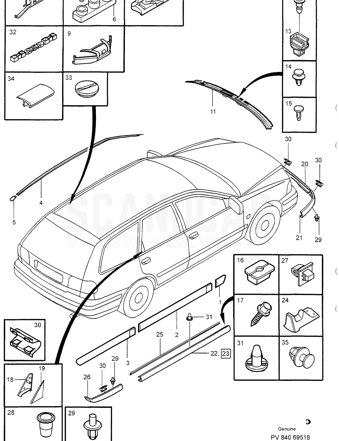 TRIM MOULDINGS - sprängskiss, Kaross, Volvo S40/V40-serien från 1996