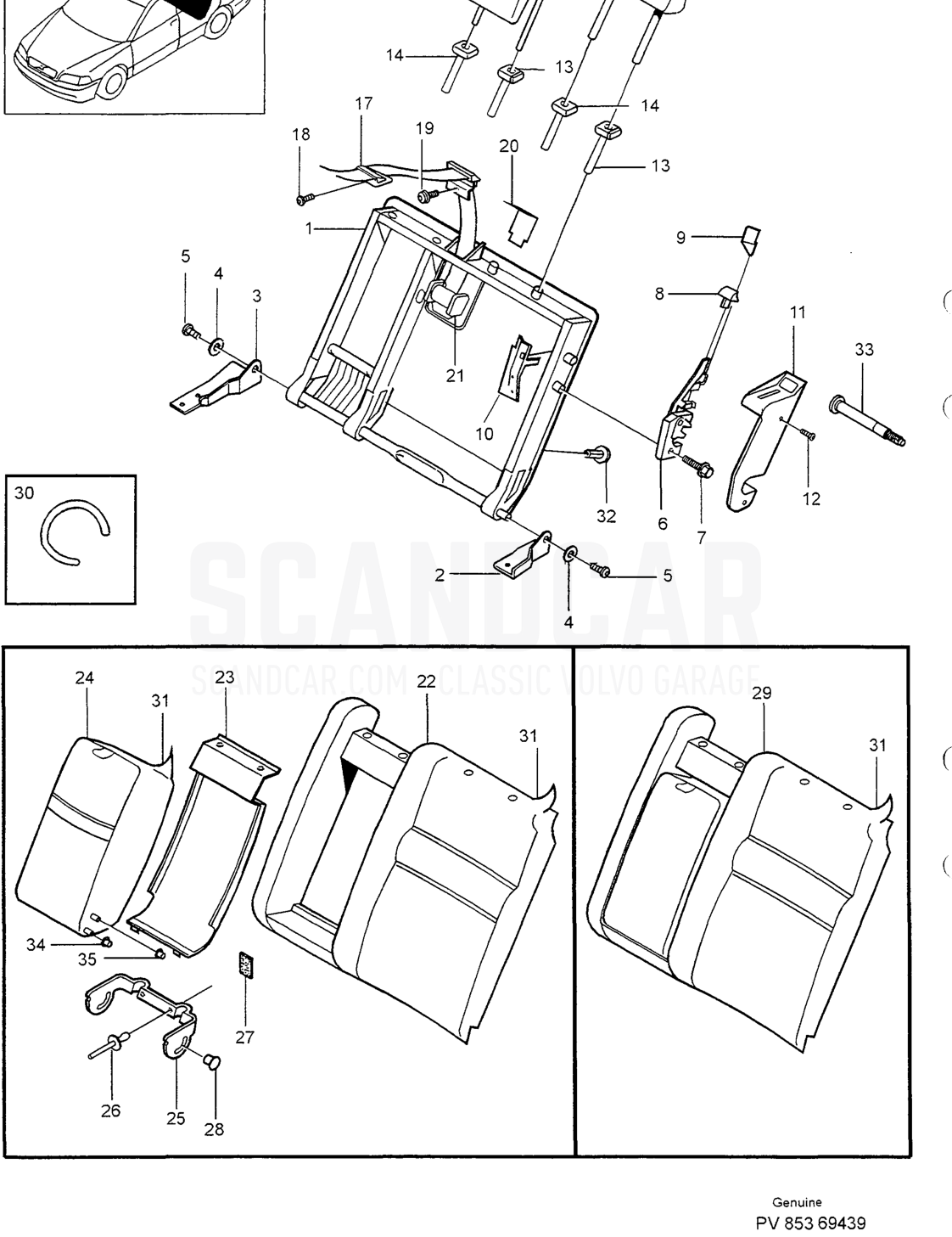BACKREST REAR SEAT LEFT - sprängskiss, Kaross, Volvo S40/V40-serien från 1996